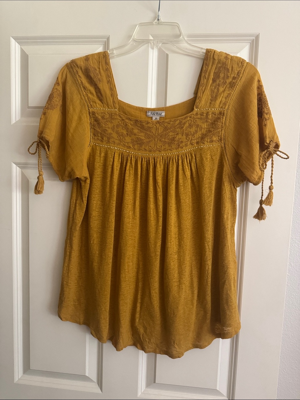 Lucky brand Mustard Embroidered Square-Neck Women's Top size Medium